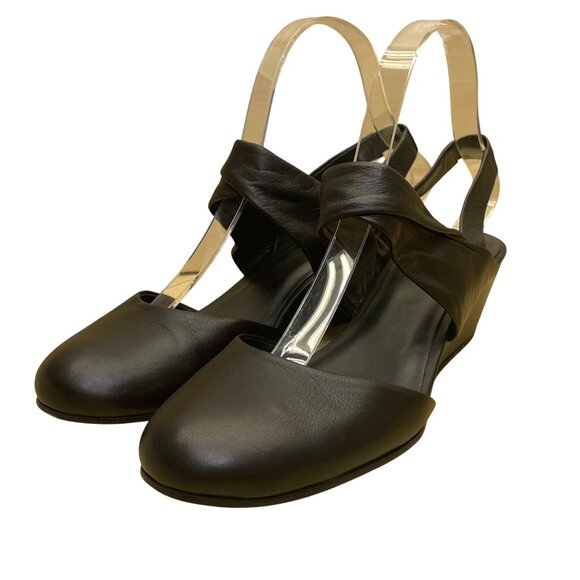 Eileen Fisher Women’s Black Leather Open Toe Slingback Wedge Sandals Size 7.5 - Picture 3 of 8